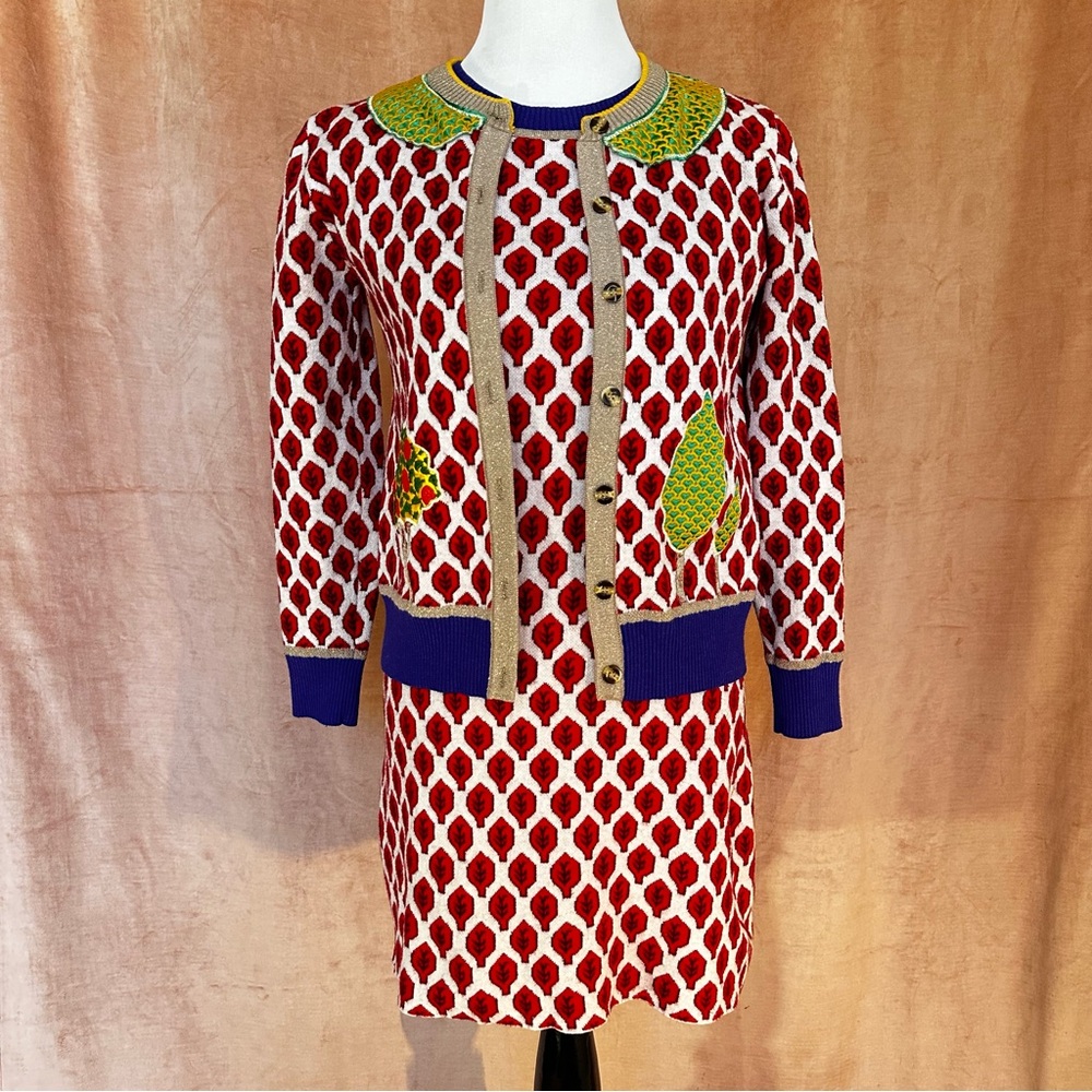 Retro 2 pc set unique leaf print cardigan & dress boutique apple tree regal fall